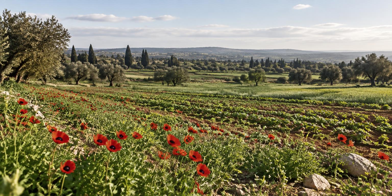 Green agricultural fields with red poppies in Beit Hanoun